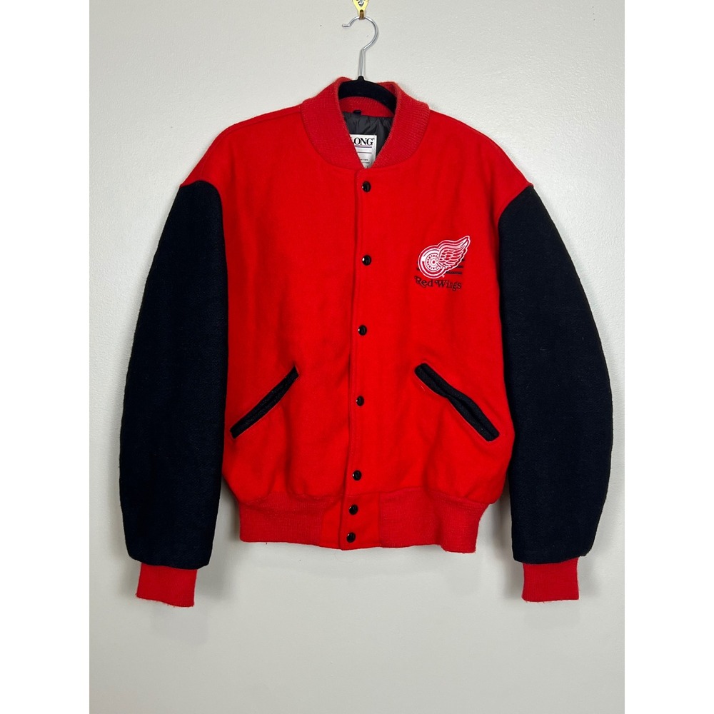 Vintage DeLONG Detroit Red Wings NHL Varsity Jacket Red Black Wool Mens L USA